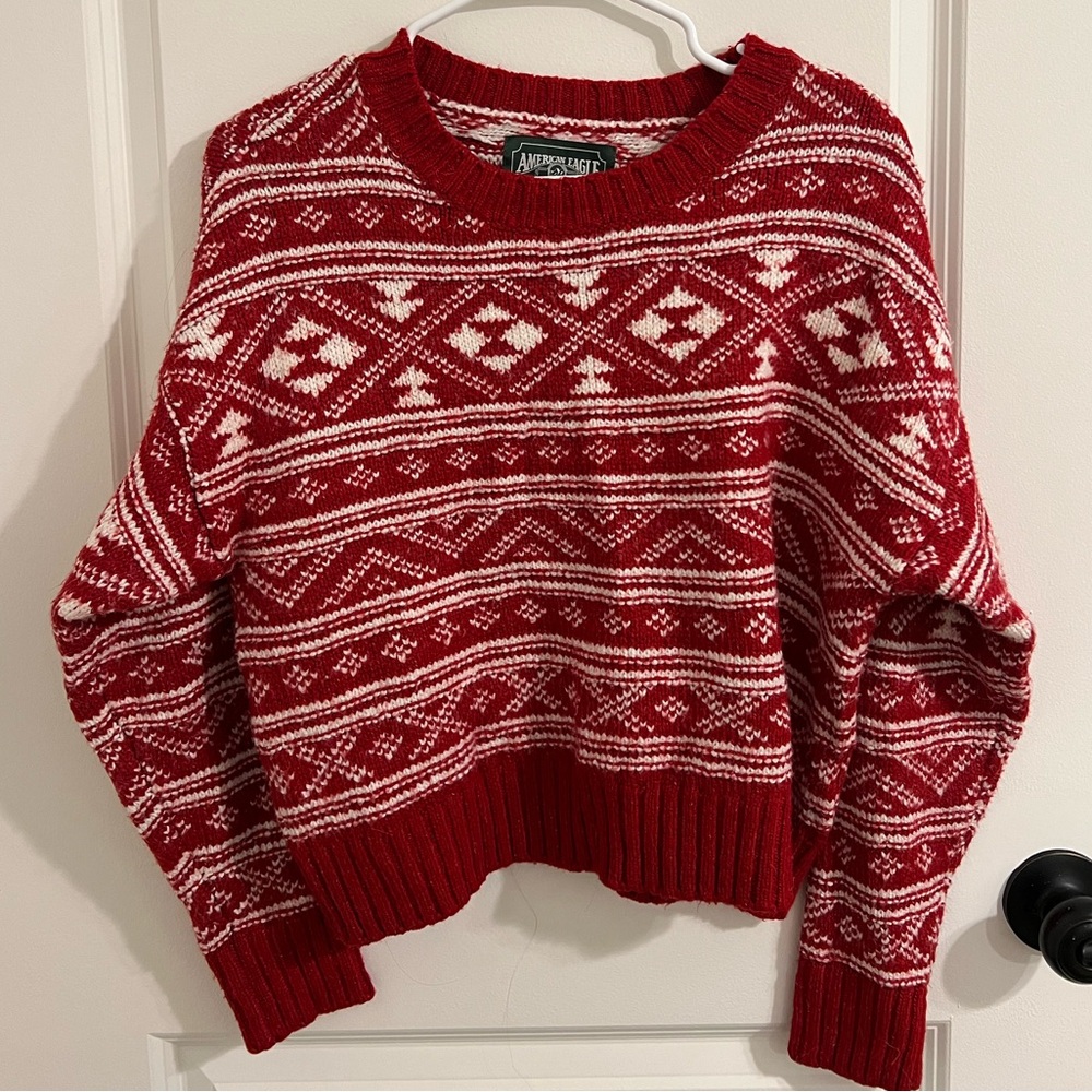 American Eagle Red and White Fair Isle Crewneck Sweater